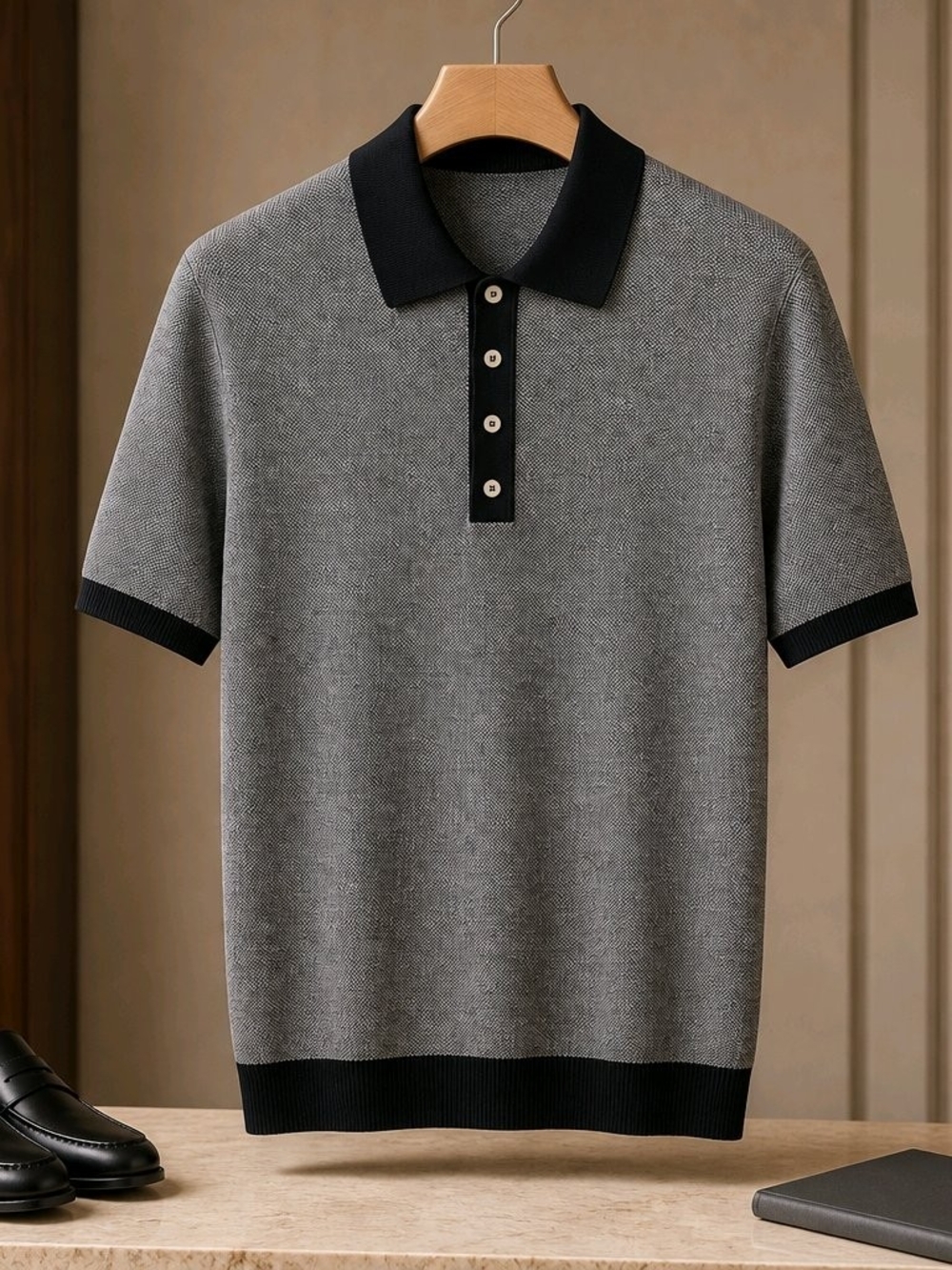 Magaschoni Gray Polo with Navy Collar and Trim